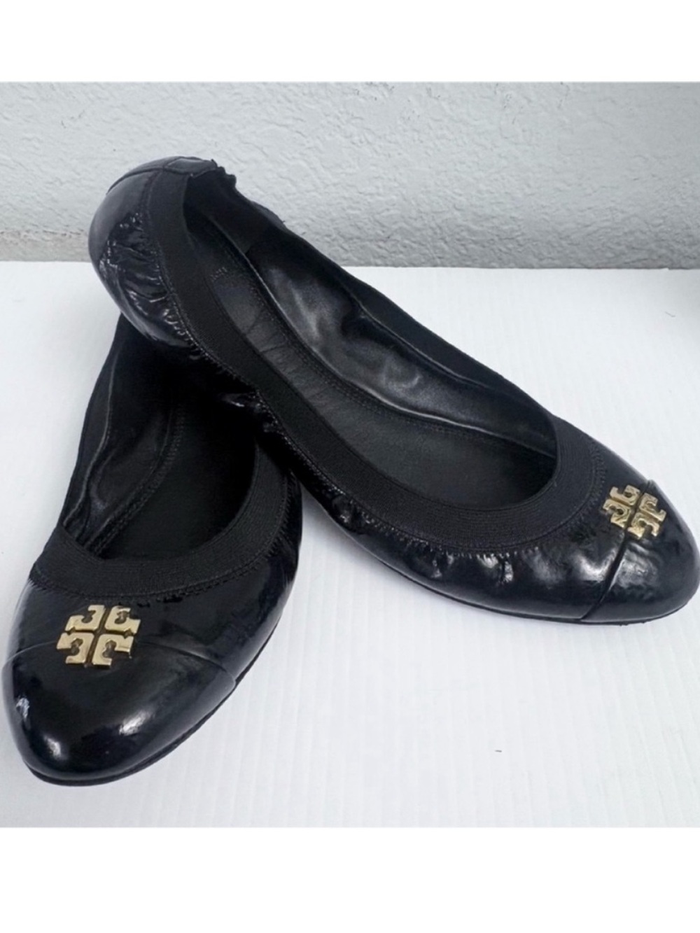 Tory Burch Jolie Elastic Black Patent Leather Logo Ballet Flats Size 10.5